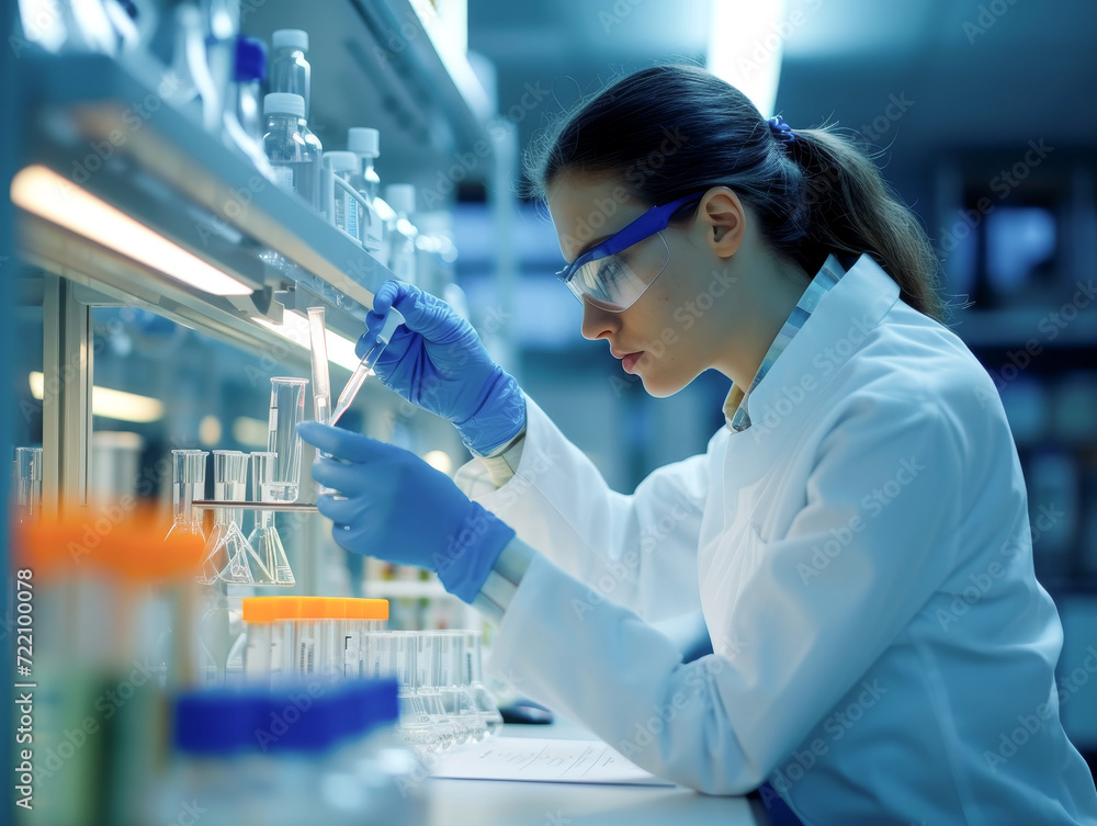 Female scientist pipetting sample in laboratory test tube.
Female scientist pipetting sample in laboratory test tube.
