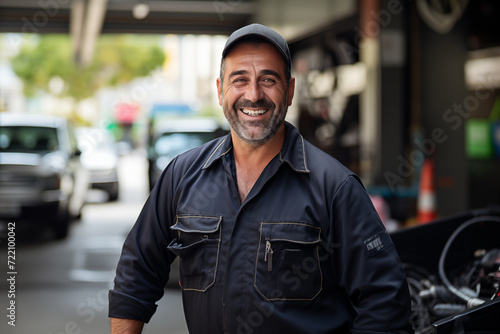 Middle aged man in the middle of the city with mechanic uniform