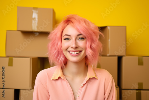 Young pink haired woman over isolated colorful background among boxes