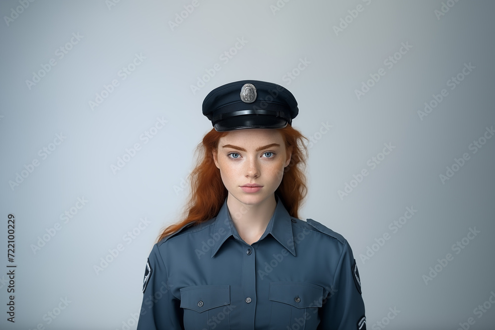 Young pretty redhead girl over isolated background with police uniform Young pretty redhead girl over isolated background with police uniform