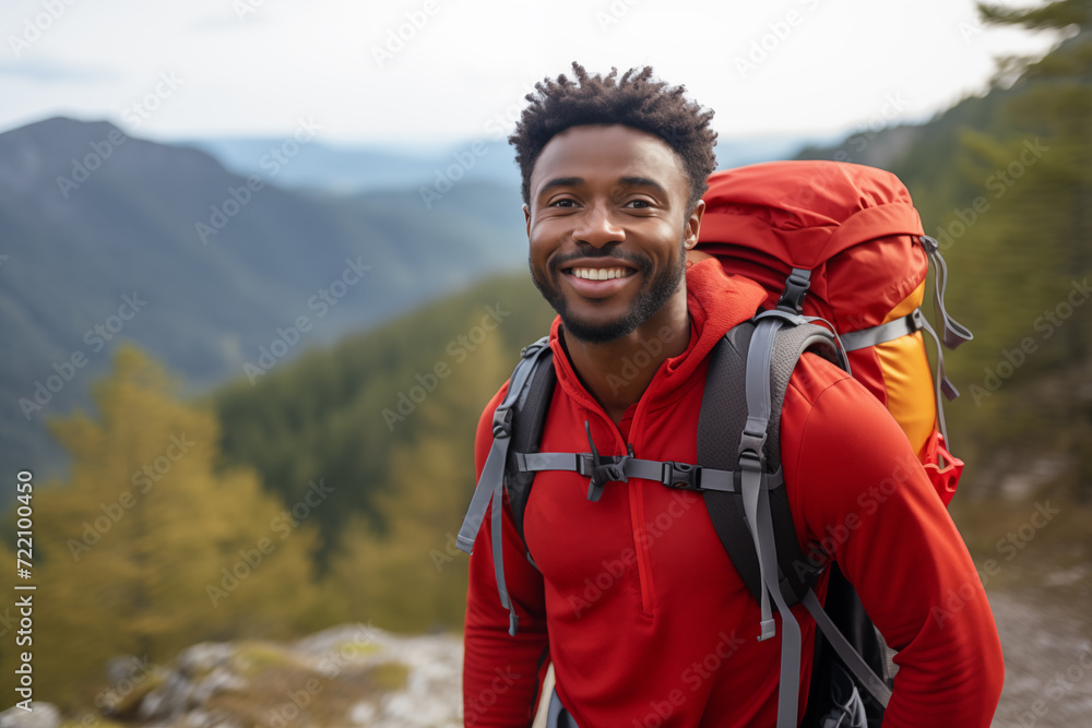Young African American man with mountaineer backpack