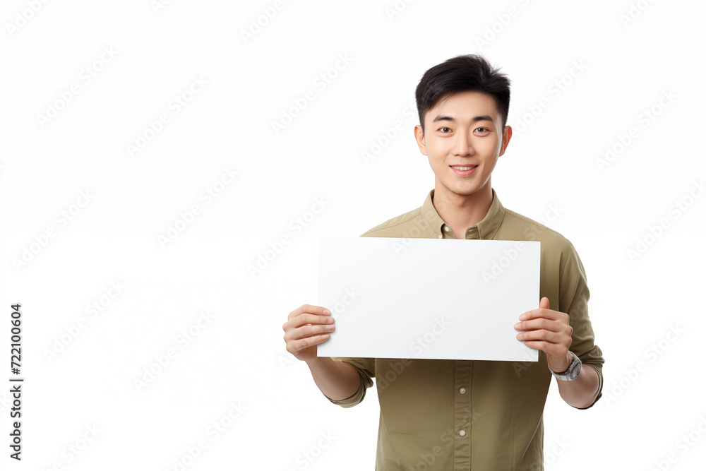 Chinese man over isolated white background holding an empty placard Chinese man over isolated white background holding an empty placard