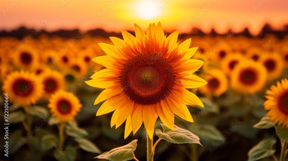 Obraz premium Sunset over a sunflower field.