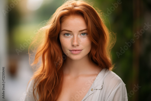 Young pretty redhead woman at outdoors