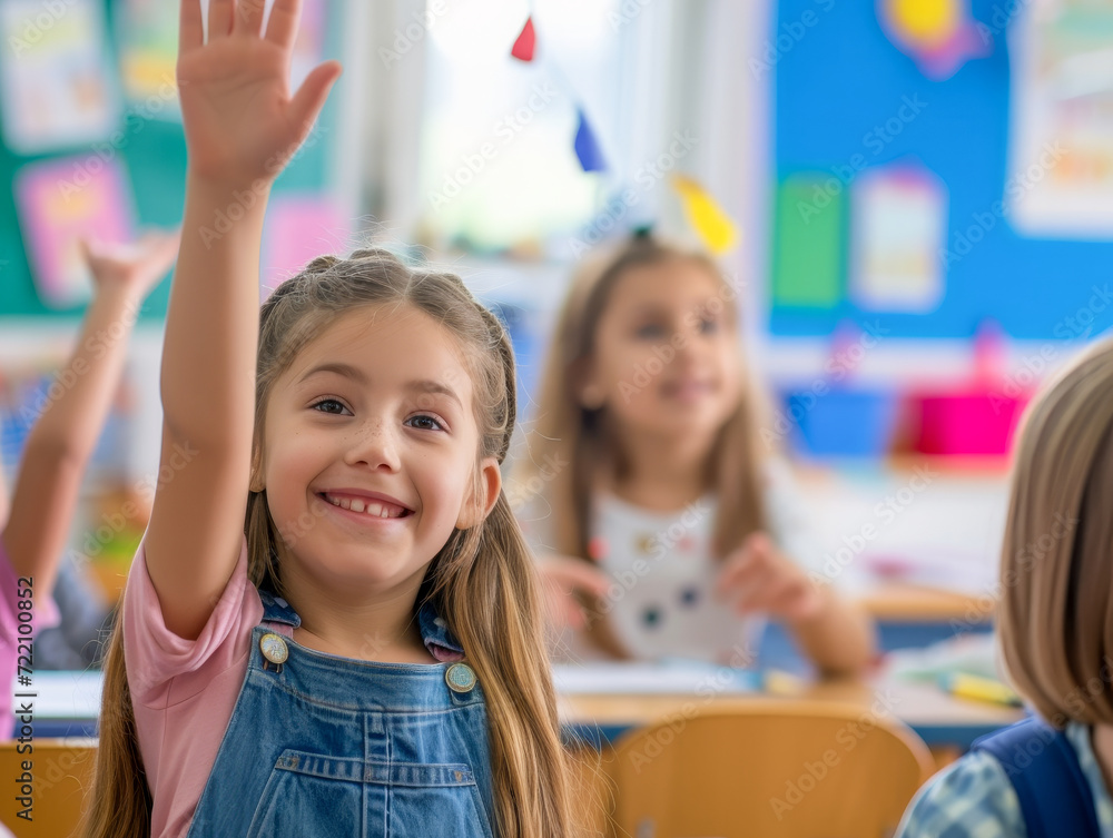 Happy little girl raising hand in school classroom.
Happy little girl raising hand in school classroom.