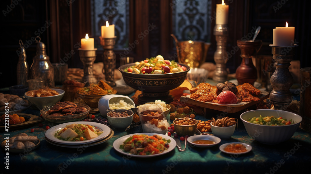 dining table full of healthy and organic food, fruits and vegetables, Muslims Ramadan concept photo
