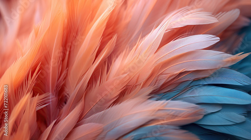 close up horizontal image of peach fuzz coloured and blue feathers background Generative AI