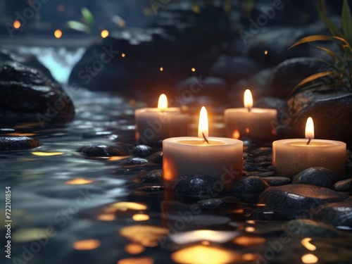 Zen Oasis  Tranquil Meditation Amid Spiritual Zen Scenery  Harmonizing Balance Stones and Candlelight