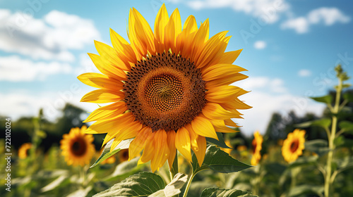 close up horizontal image of a sunflower in a hot sunny day Generative AI