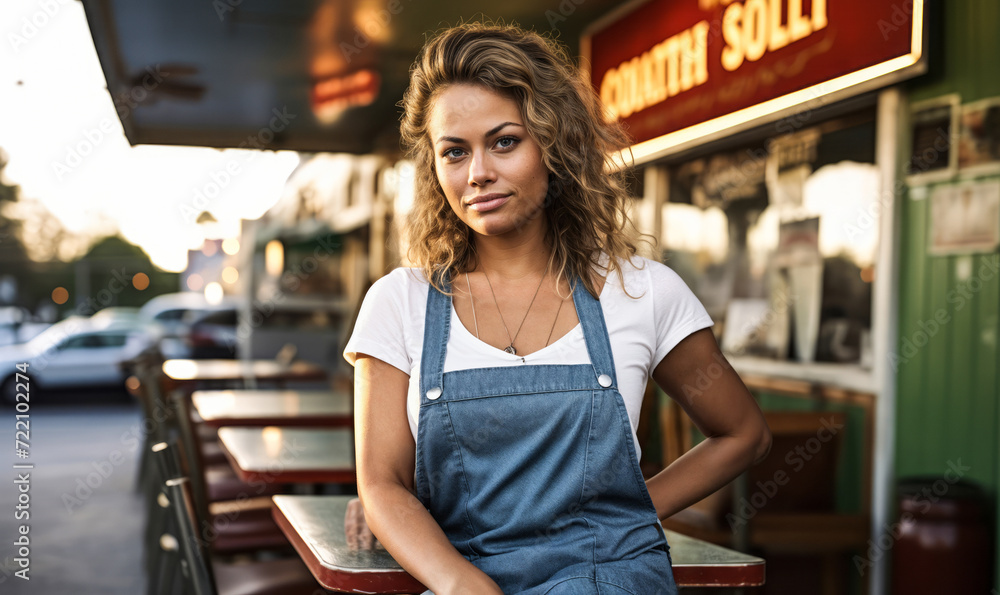 Female Diner Owner Smiling in Front of Her Business