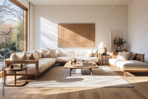The image represents a contemporary and luxurious living room interior design  featuring stylish furniture  a modern fireplace  and large windows  all within a spacious and well-lit open-concept apart