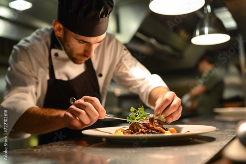 concentration on a chef's face as they artfully plate a gourmet dish in a hotel restaurant, illustrating culinary expertise and attention to detail in a minimalistic photo
