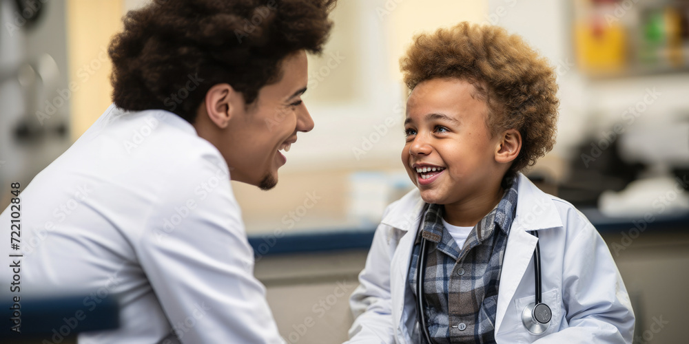 Joyful Young Boy Wearing Doctor's Coat and Stethoscope in Clinical Setting Joyful Young Boy Wearing Doctor's Coat and Stethoscope in Clinical Setting