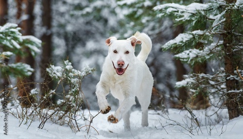 Close-up portrait of beautiful white domestic hunter dog running in the snow between trees in winter forest © juanorihuela