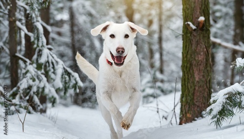 Close-up portrait of beautiful white domestic hunter dog running in the snow between trees in winter forest