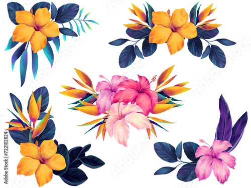 Set of watercolor neon colored tropical bouquets with hibiscus