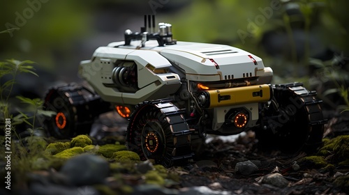 Unmanned ground vehicle patrolling a military base perimeter photo