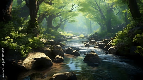 Tranquil forest stream with sunlight filtering through the canopy  creating a serene atmosphere