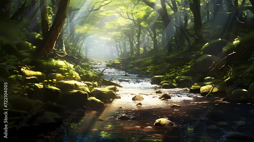 Tranquil forest stream with sunlight filtering through the canopy, creating a serene atmosphere
