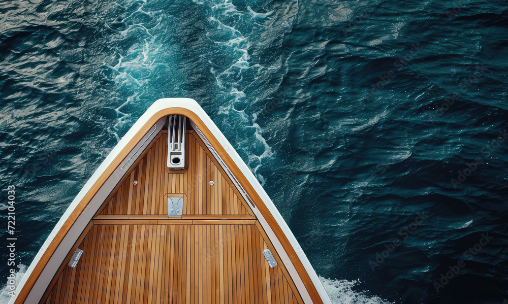 bow of a modern yacht with a wooden teak deck at sea, top view, copy space - obrazy, fototapety, plakaty 