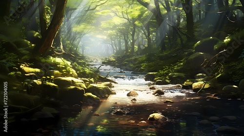 Tranquil forest stream with sunlight filtering through the canopy  creating a serene atmosphere