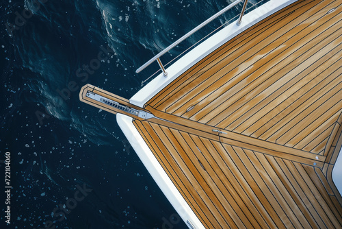 bow of a modern yacht with a wooden teak deck at sea, top view