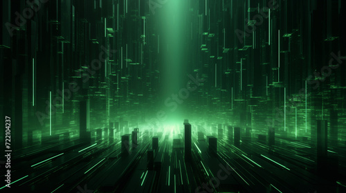 Abstract 3D background of green neon lines sliding down. Modern wallpaper.