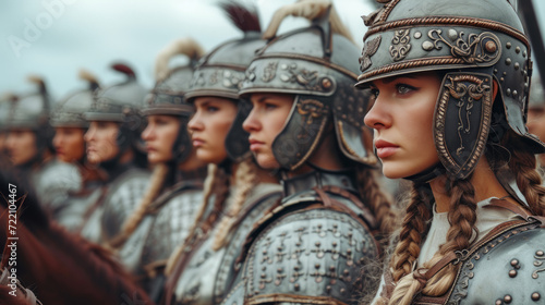 Ancient brave female Byzantine empire warriors with helmets.