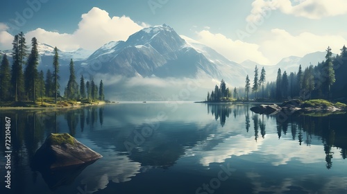Tranquil lake surrounded by mountains and reflected in the calm water photo
