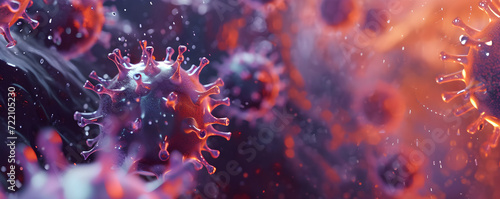 Close up banner of floating virus cells  bacteria  microbes on blurred pink background with copy space. Abstract 3d render of covid  flu  infection disease.   oncept for  hospitals  clinics   care.