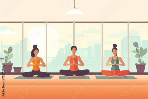 Zen Lotus: A Serene Young Woman in a Calming Yoga Pose, Finding Balance and Harmony Amidst a Group Exercise Class