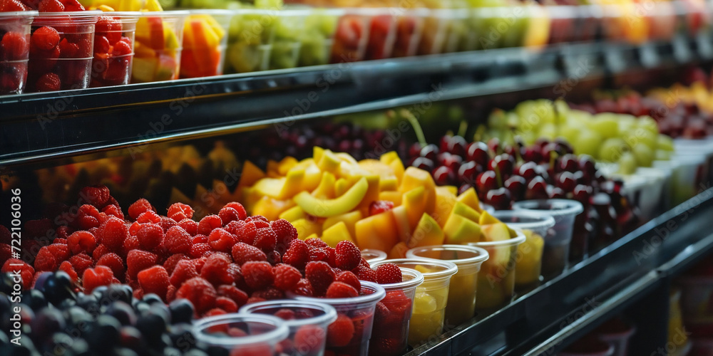 Shelves with colorful fruit glasses and berries, take away snacks. This can be used in advertisements for supermarkets or healthy snack options