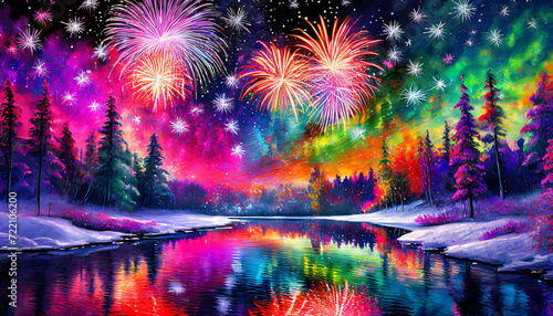 Fireworks at night in a forest filled with snow with reflection over icy lake