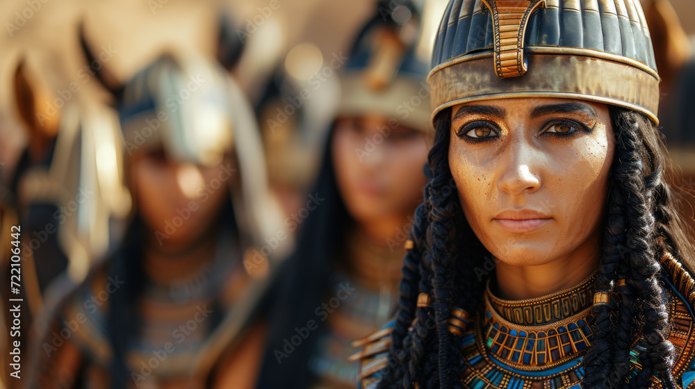 Woman commander warrior of ancient Egypt with her army behind. Woman commander warrior of ancient Egypt with her army behind.