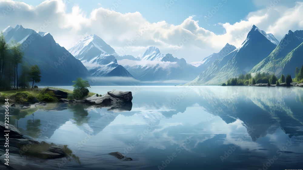 Tranquil lake surrounded by mountains and reflected in the calm water