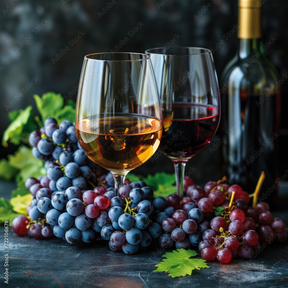 wine in glasses with grapes