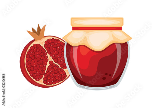 Pomegranate jam in glass jar and fresh pomegranate fruit vector illustration. Glass of pomegranate marmalade design element. Pomegranate jam jar icon set isolated on a white background