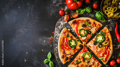 Italian style pizza. Variety of pizzas on white, black, wooden background. Pizza varieties with cheese, vegetables, Mexican pepper, chicken and sausage. Background. Images suitable for advertising photo