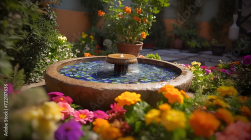 Serene Garden Oasis with Mosaic Fountain AI-Generative photo