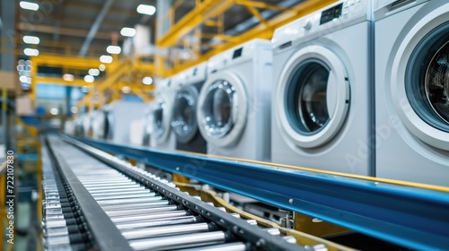 Washing machines on conveyor belt in factory