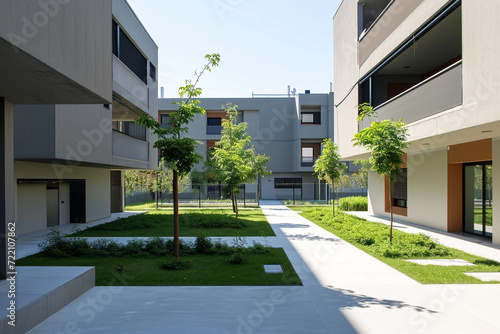 minimalist accessible housing complex with ramped entrances and thoughtfully designed interiors  creating a universally accessible living space in a minimalistic photo