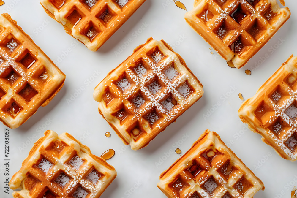 Homemade belgian waffles with honey syrup and icing sugar on white background. Flat layout. Generative ai. Homemade belgian waffles with honey syrup and icing sugar on white background. Flat layout. Generative ai.