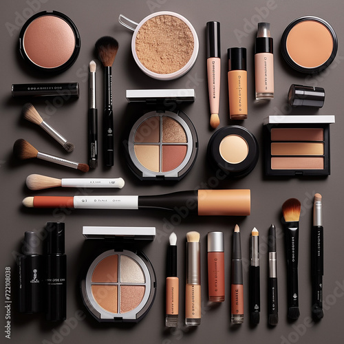 Assortment of make up products and brushes laid out on a flat surface. photo