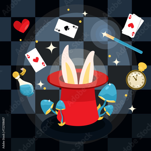 Magician Hat with Bunny Ears and Flying Cards. Vector elements from Alice in Wonderland, on a chessboard background, cartoon flat style