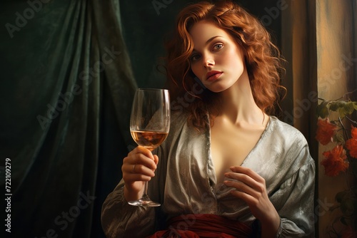 Portrait of beautiful woman with glass of wine. curly hairstyle. Closeup portrait of young female girl drinking wine