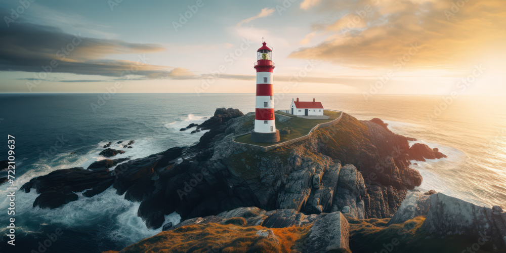 The Majestic Sunset: A Beautiful Lighthouse on the Rocky Coastline, Guiding Travelers towards Serenity and Adventure amidst the Scenic Ocean Landscape