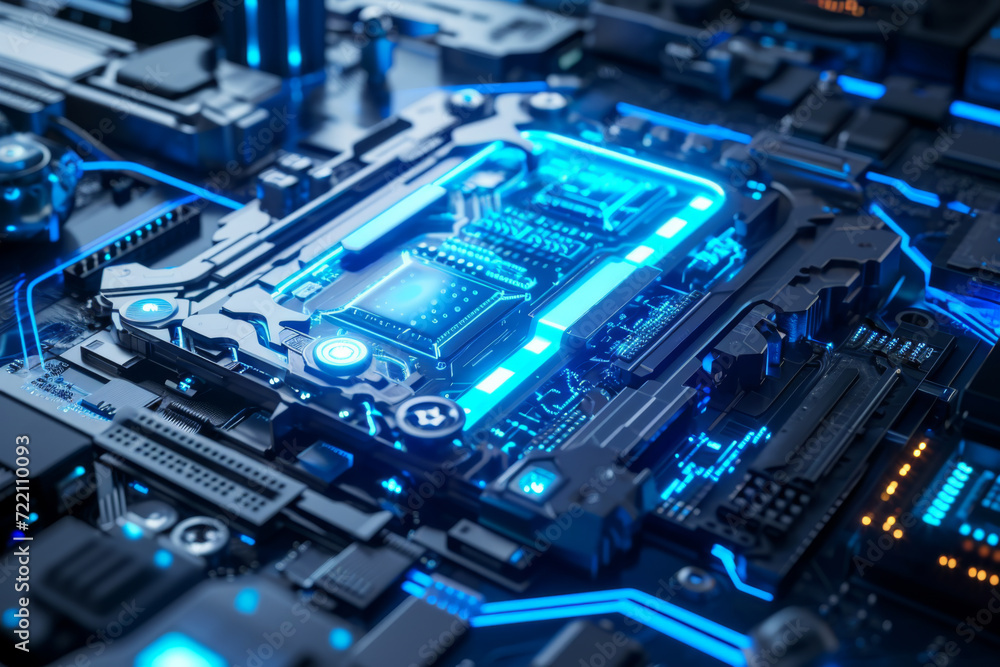 A computer chip with a blue color scheme. A computer chip with a blue color scheme.