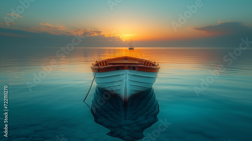 夕日に照らされた海に浮かぶボ小さなボート