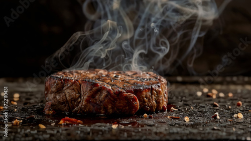 A succulent medium rare steak on a black stone grill, surrounded by mesmerizing smoke against a captivating dark backdrop