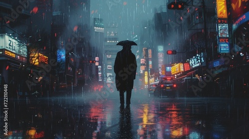 illustration of a person in the city at night with umbrella while raining 